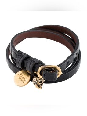 Alexander McQueen Crystal Skull and Black Leather Wrap Bracelet w/ dust bag/ box